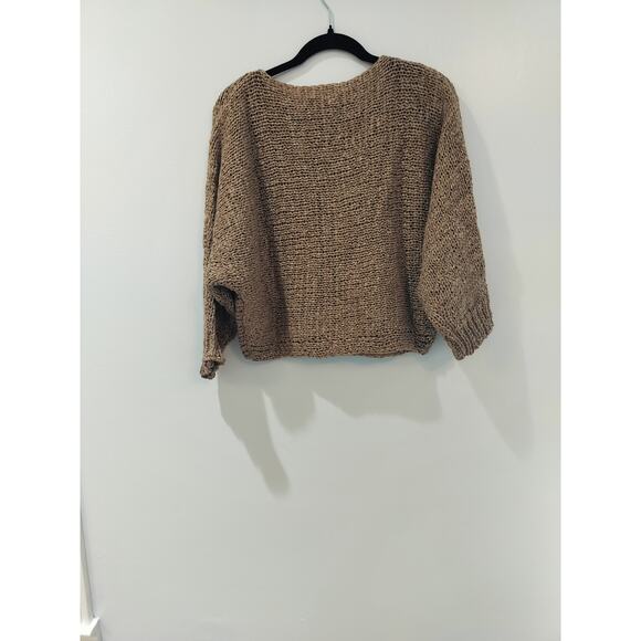 Brown Cropped Sweater Loose Knit Oversized Drop Shoulder Womens S/M - Picture 3 of 6